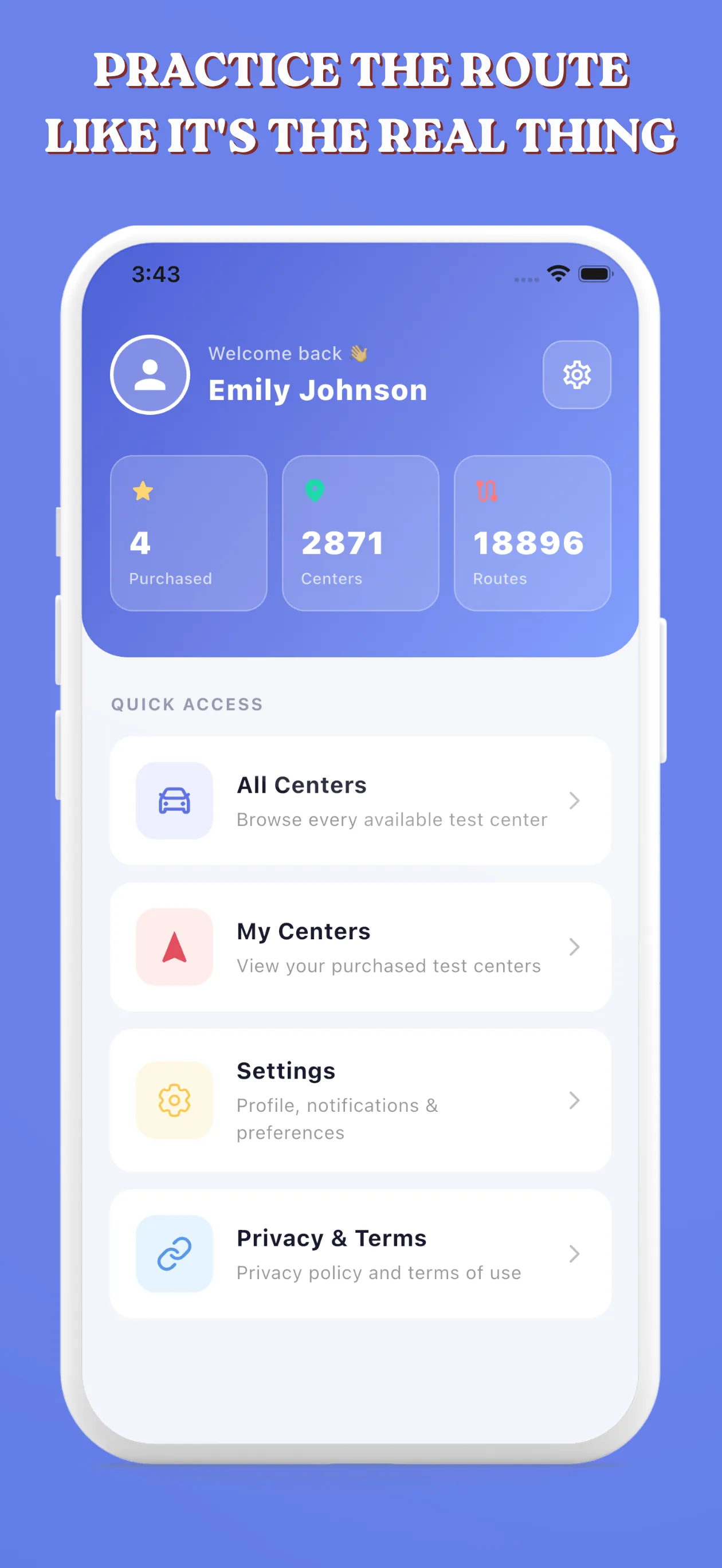 App home screen with saved centres, total centres and route counts