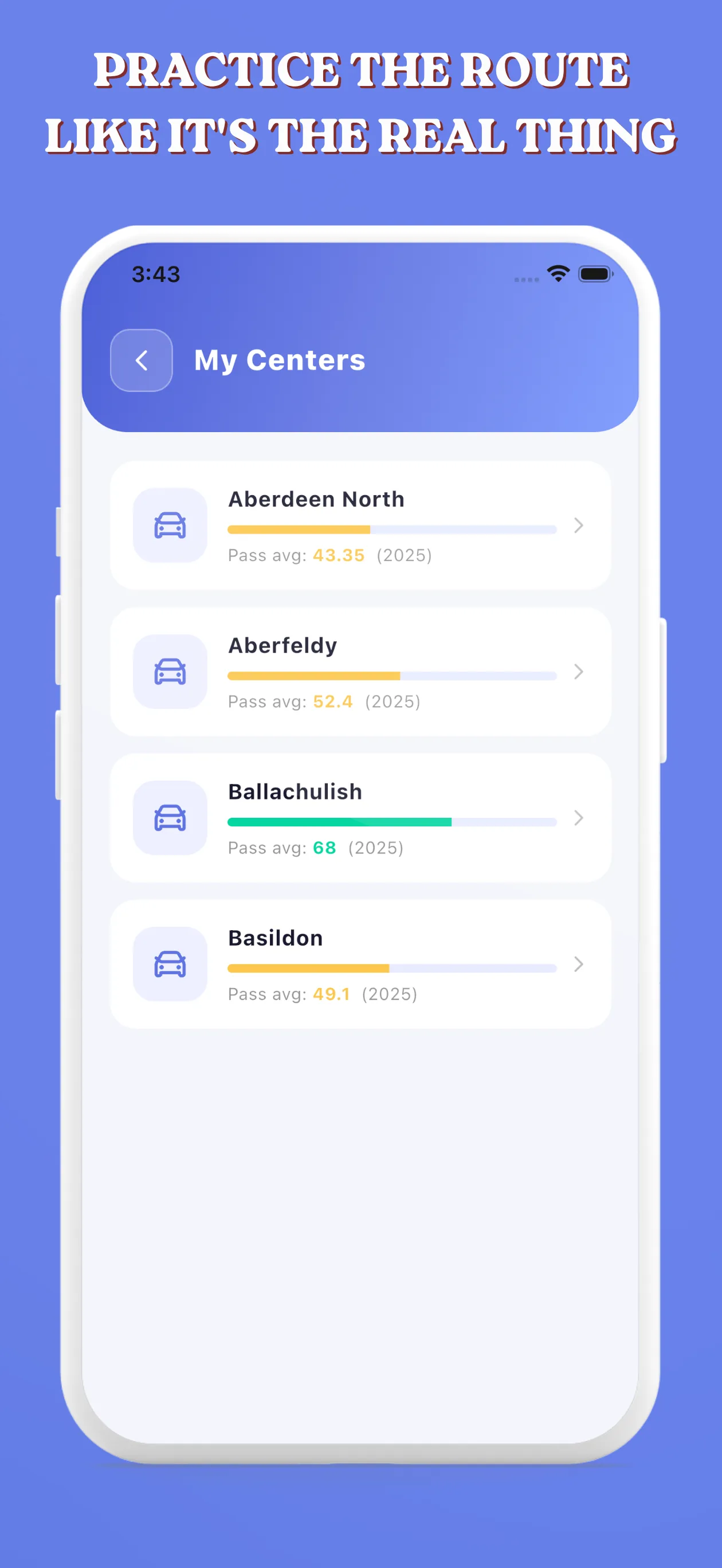 My Centres list of purchased driving test centres