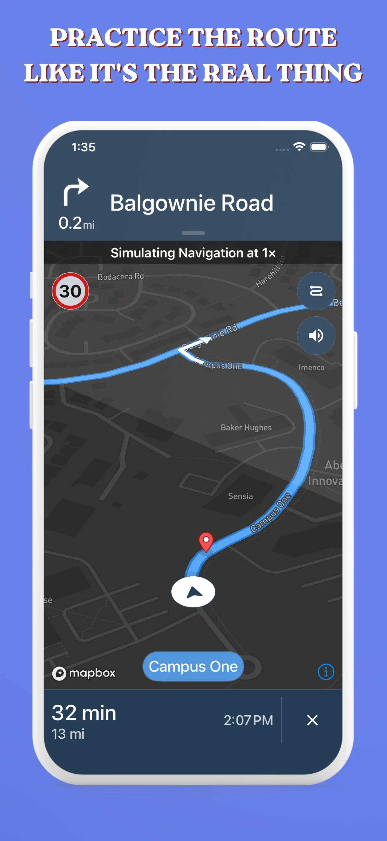 Turn by turn guided navigation along a driving test route