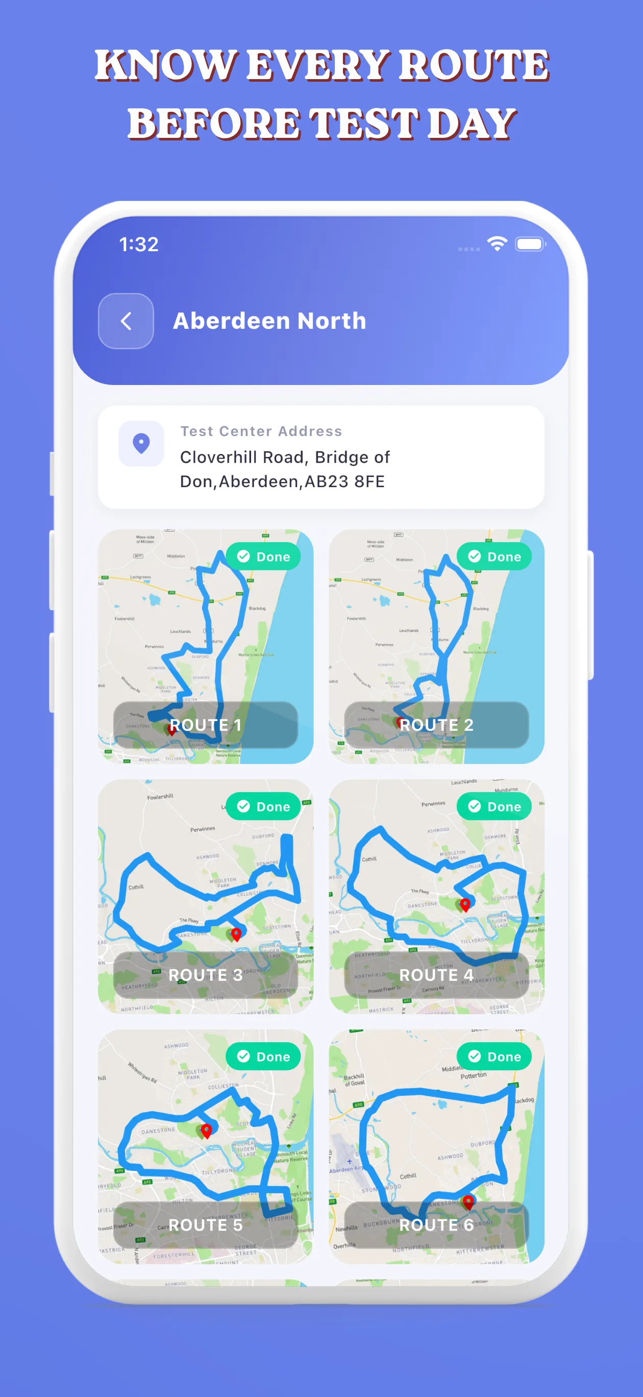 Every route at a test centre, with completed routes marked done