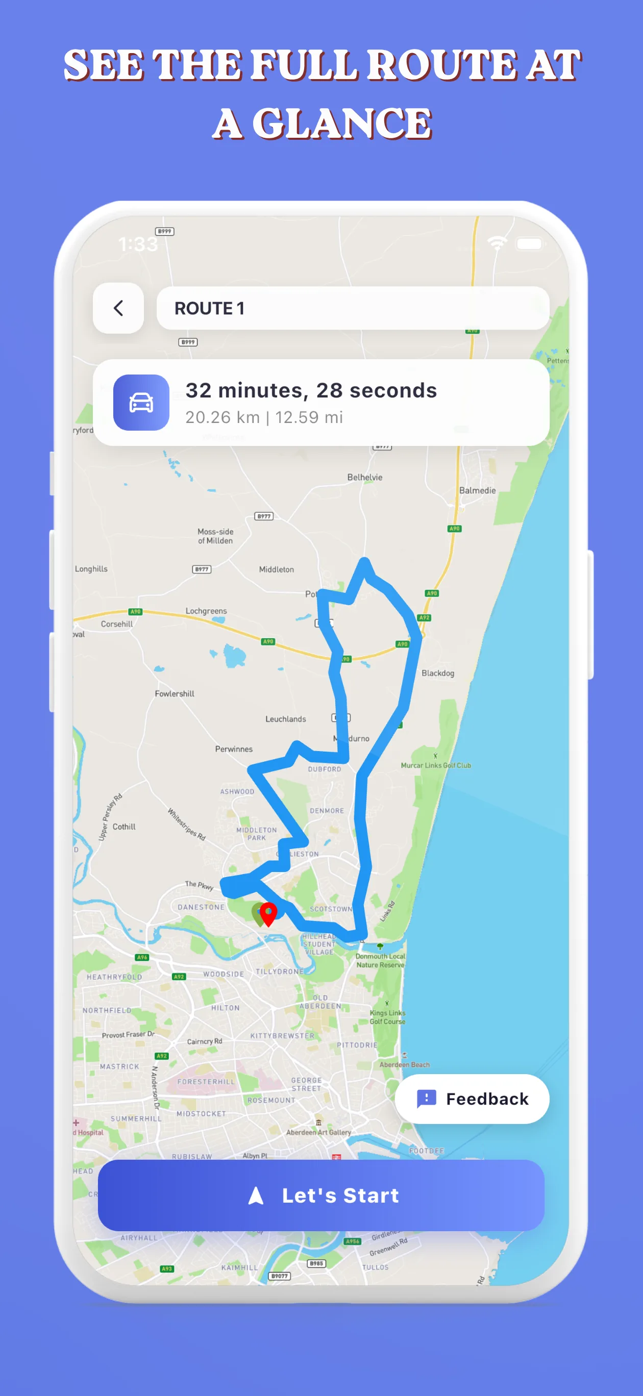 Full route preview with driving time and distance before you start