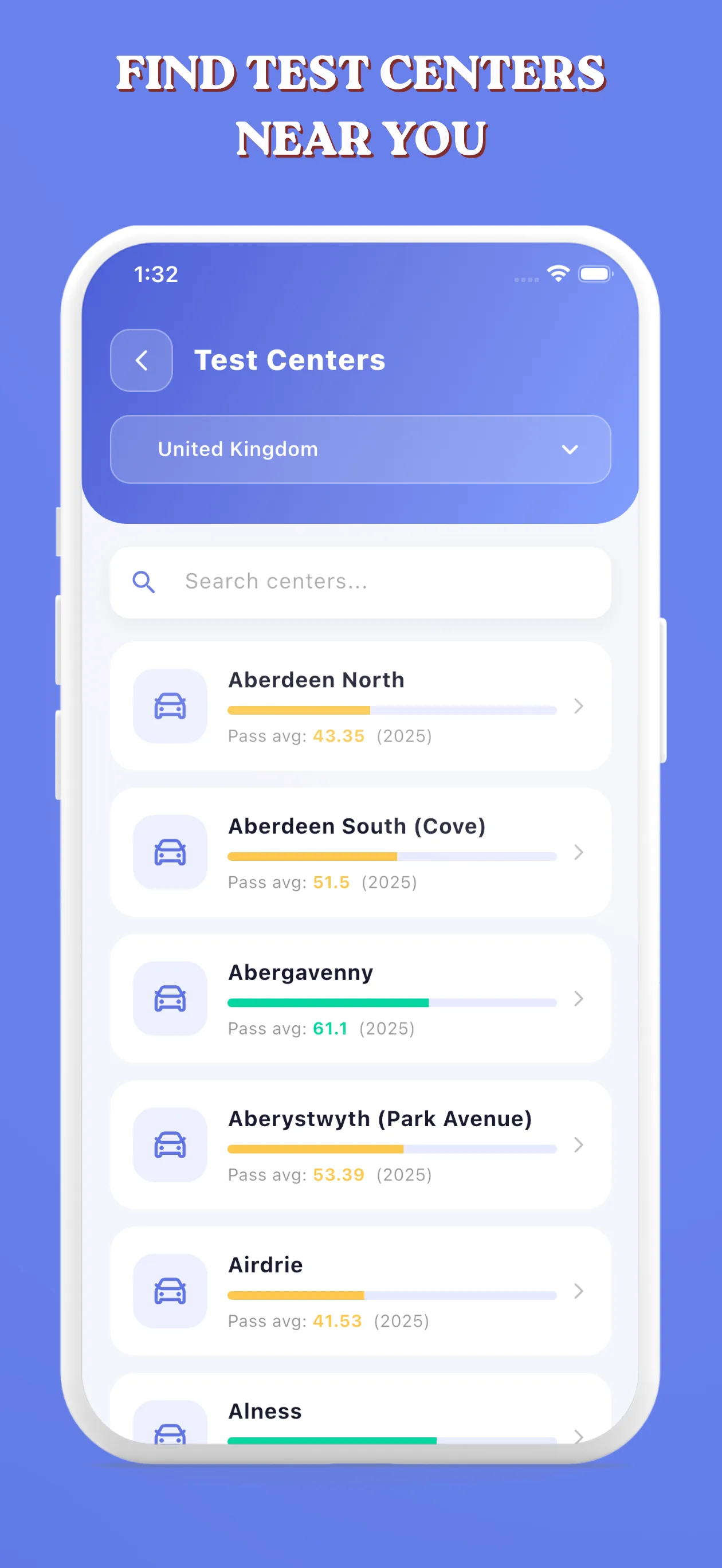 Find test centres near you with pass rate averages