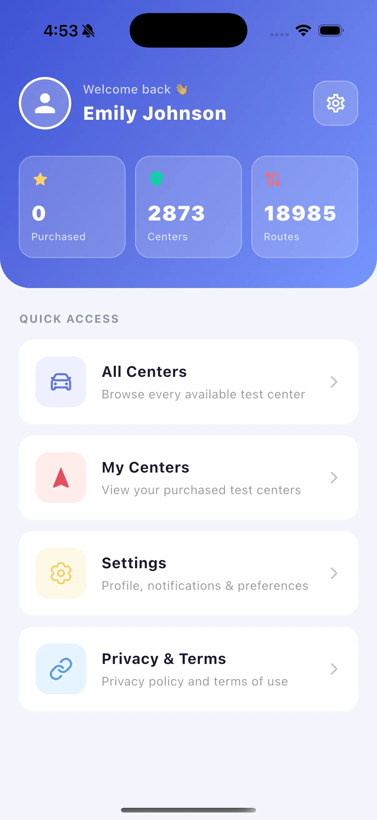 Driving Exam Test Routes app home screen showing test centre and route counts
