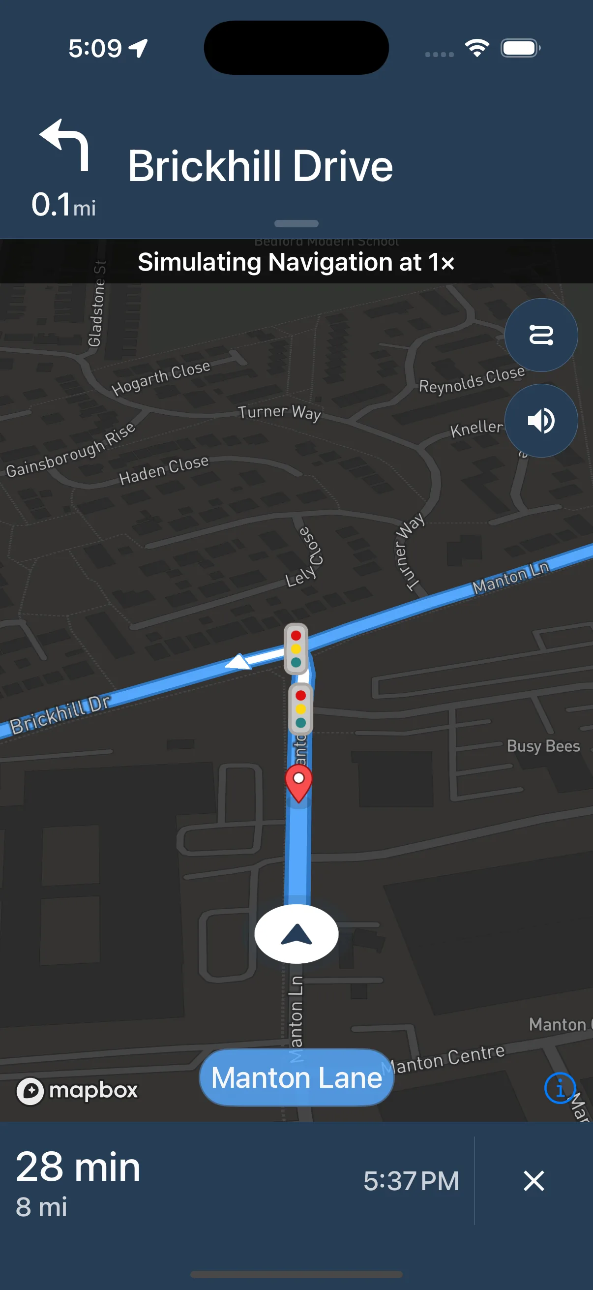 GPS turn by turn navigation guiding a learner along a test route
