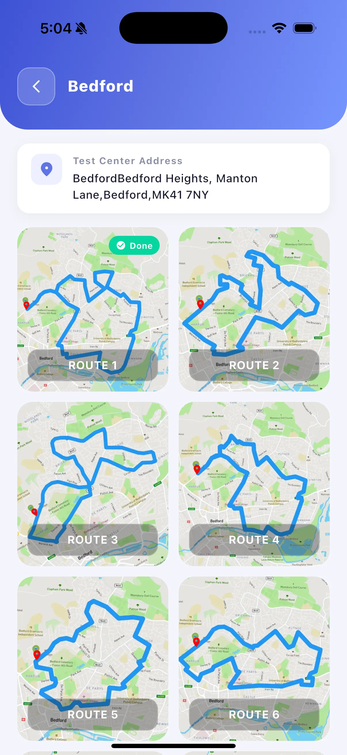 Grid of practice routes available at a driving test centre