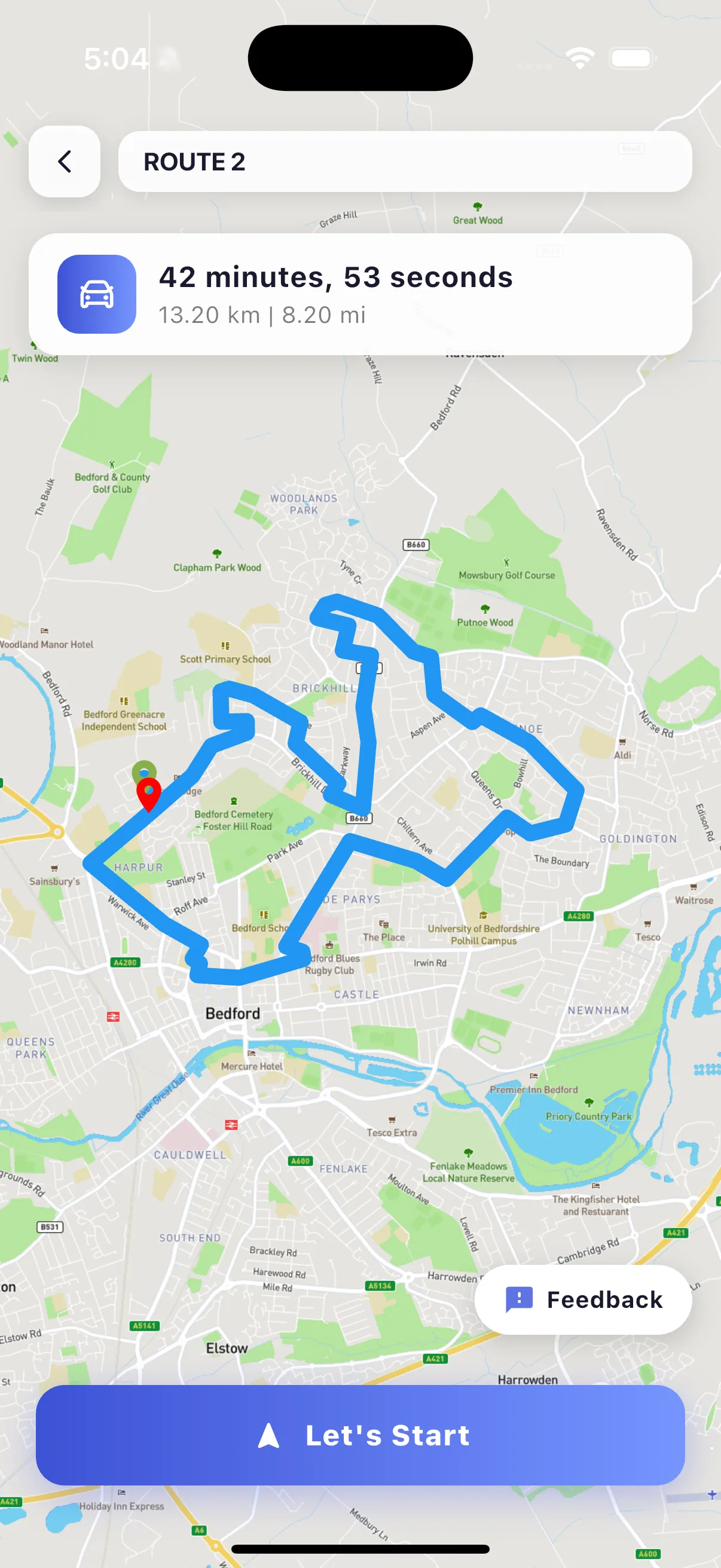 Full test route shown on the map with distance and duration